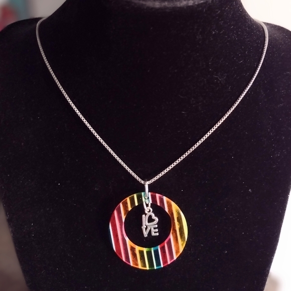 Vintage Handmade Rainbow Color Block Love Pride Silver Necklace Resin Pendant - Picture 5 of 10